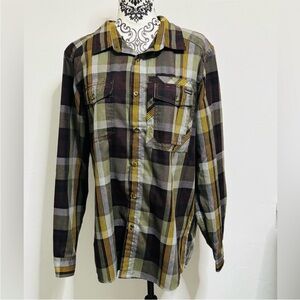 OAKLEY Brown, Green And Yellow Button Up Plaid Shirt Long Sleeve Large